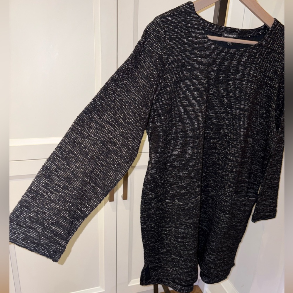Eileen Fisher Black Marled Knit Long Sleeve Tunic Top Cotton Blend Size Medium